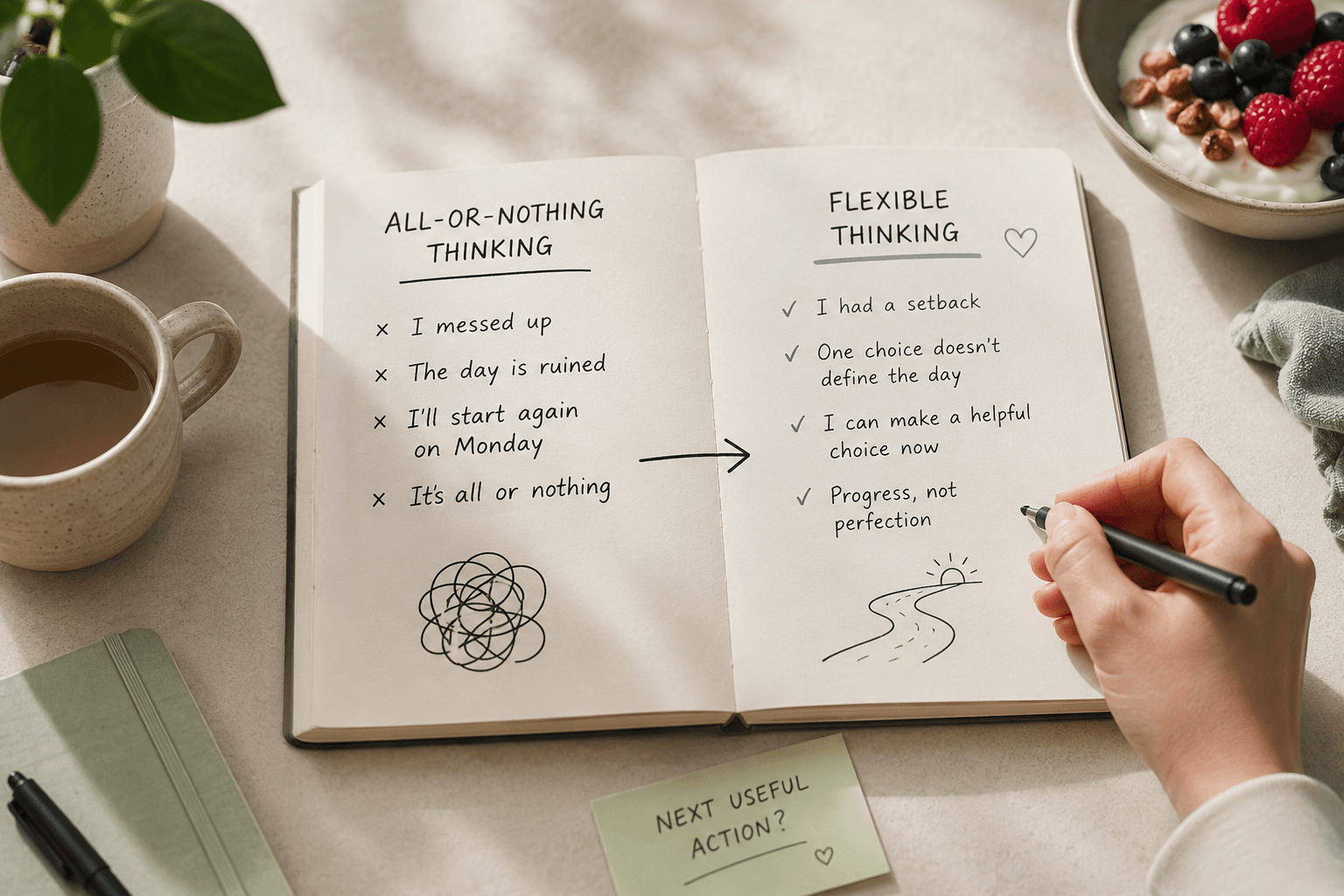 Open notebook contrasting all-or-nothing thinking with flexible thinking, with a hand writing beside a cup of tea