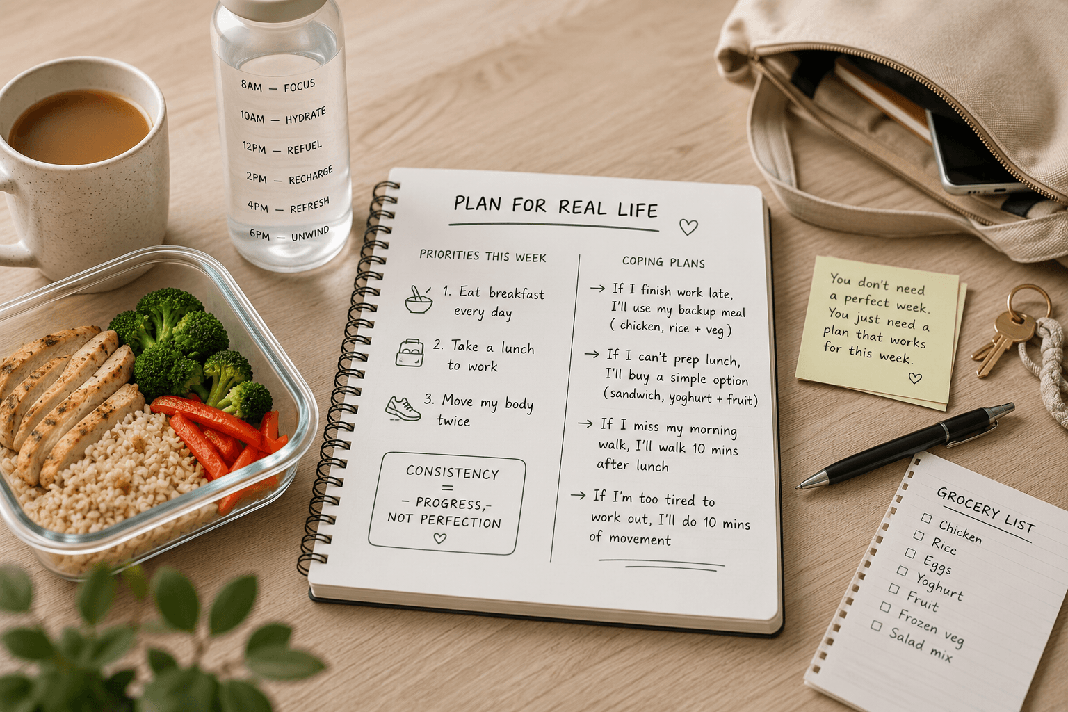 Weekly planning notebook headed “plan for real life” beside a meal-prep container, water bottle and grocery list