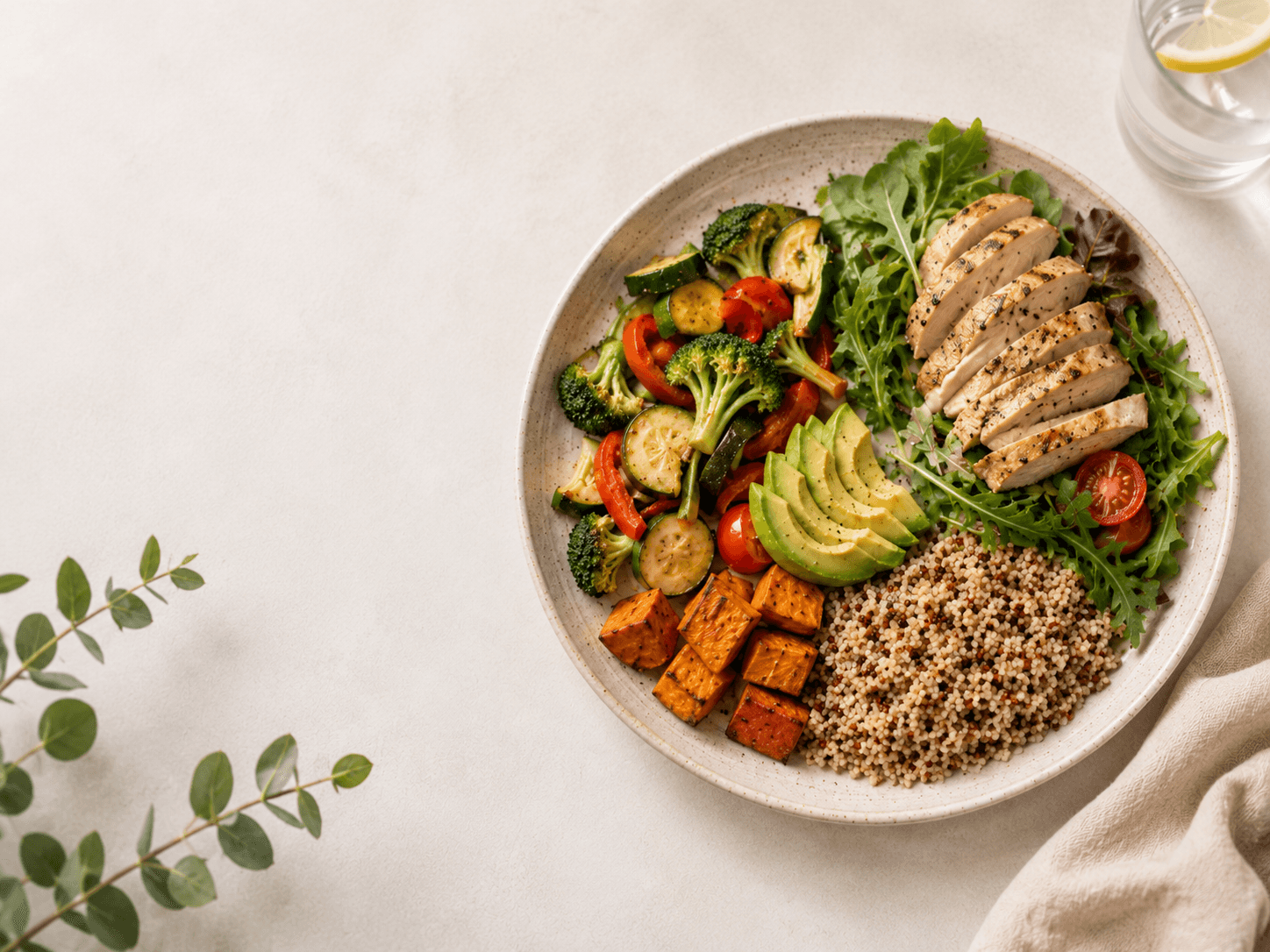 Balanced meal plate with protein, vegetables, carbohydrate and healthy fats