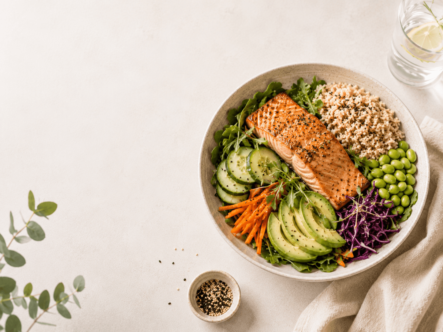 Balanced meal bowl with salmon, brown rice, edamame, avocado, cucumber, carrot, red cabbage and leafy greens