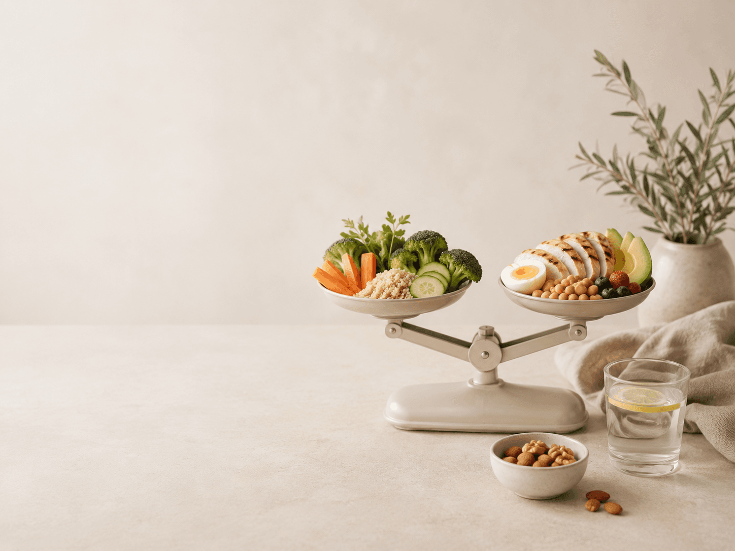 Balance scale holding a bowl of vegetables and grains opposite a bowl of protein, egg, avocado and fruit, illustrating energy balance