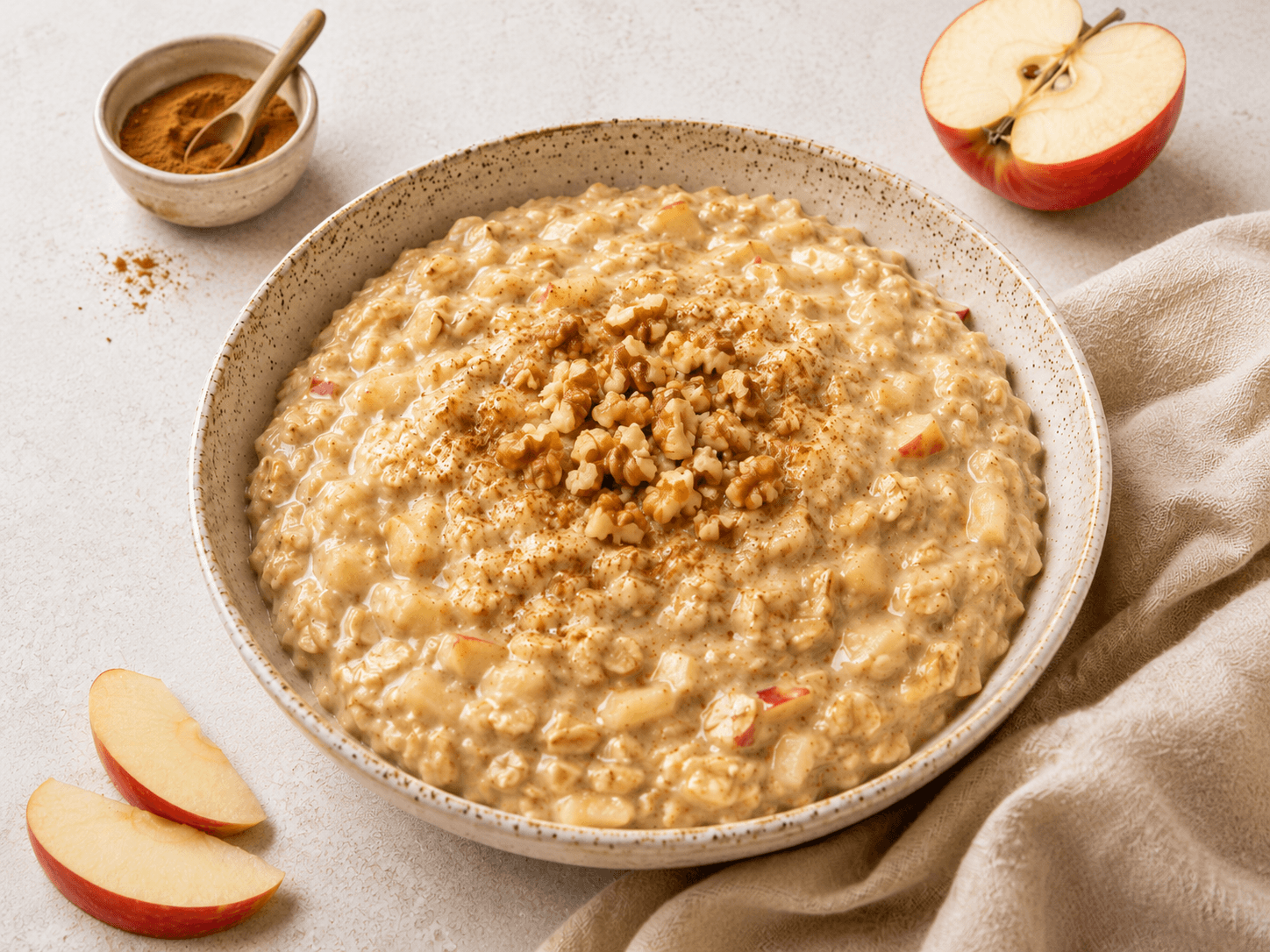 Bowl of apple cinnamon protein porridge topped with walnuts and cinnamon, with apple slices and a cinnamon bowl alongside