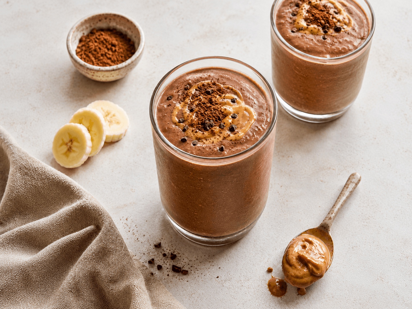 Chocolate peanut butter protein smoothie in a tall glass