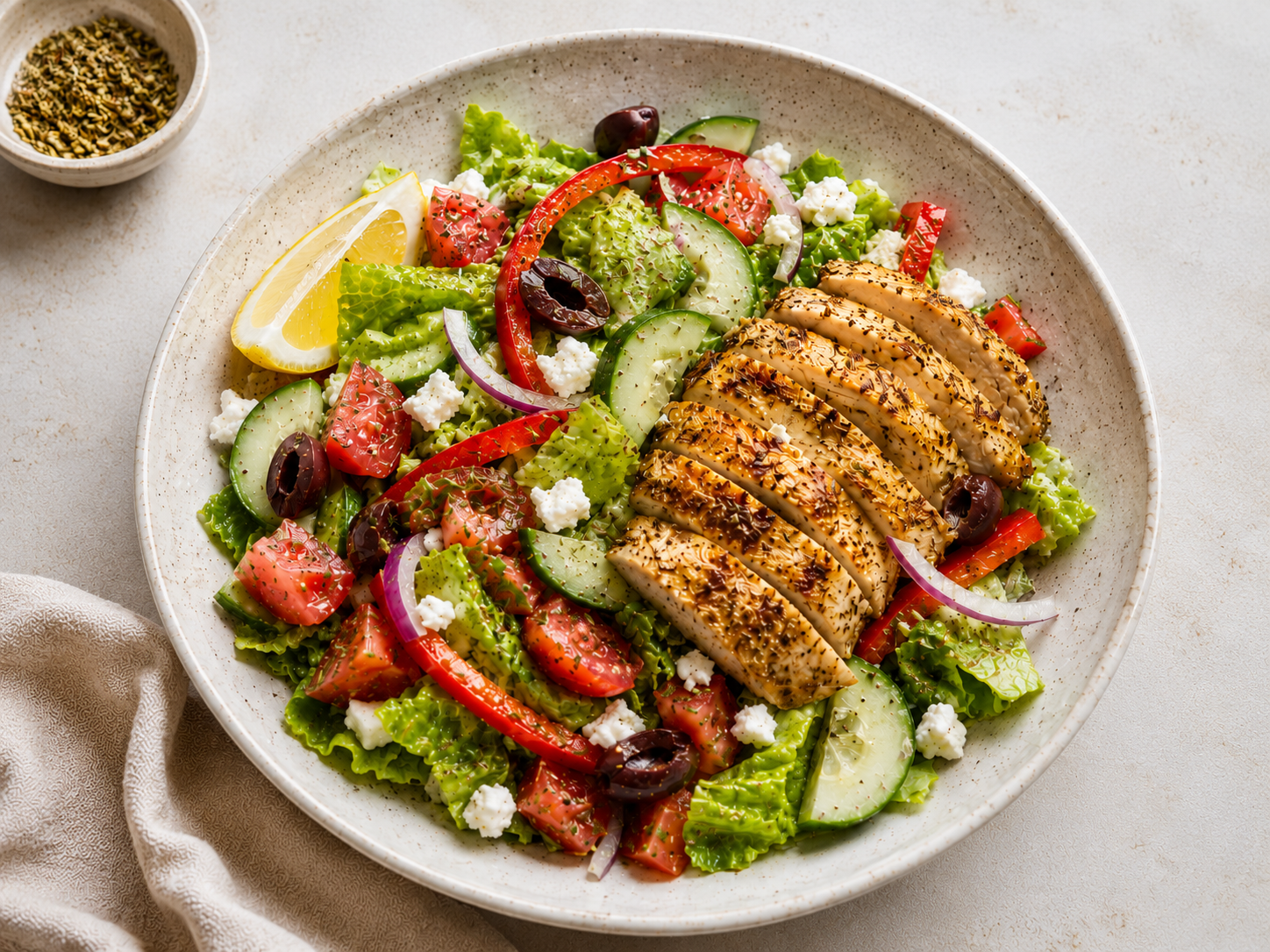 Greek chicken salad with sliced grilled chicken, feta, cucumber, tomato and olives
