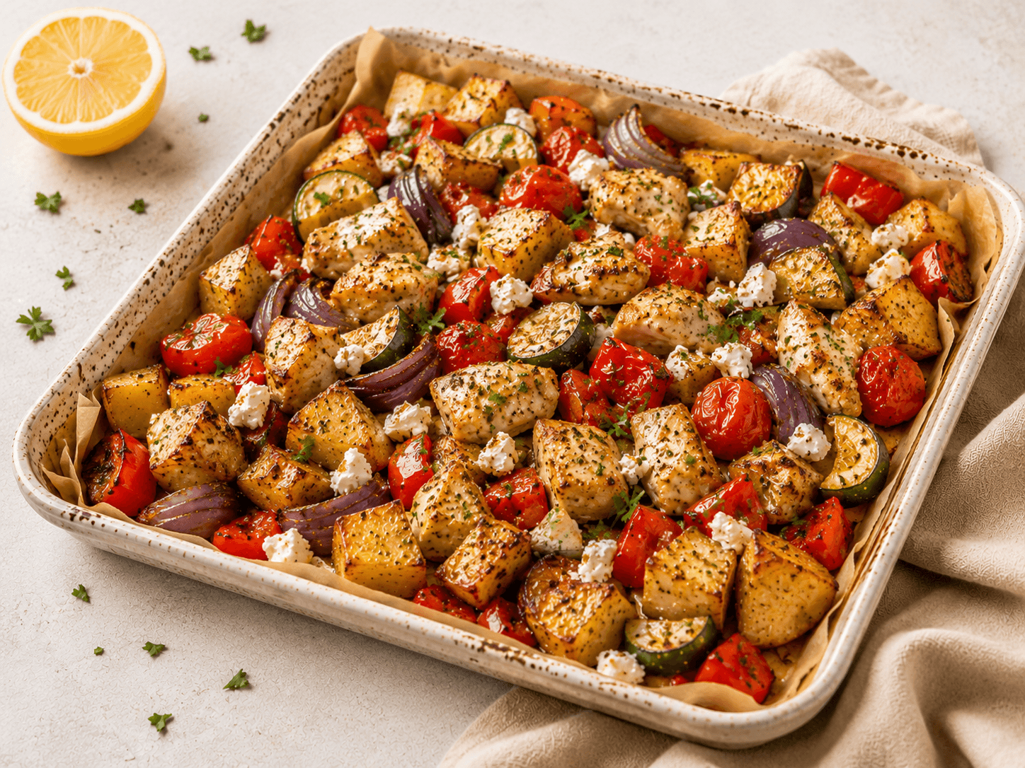 Mediterranean chicken tray bake with roasted potatoes, capsicum, zucchini, cherry tomatoes and feta