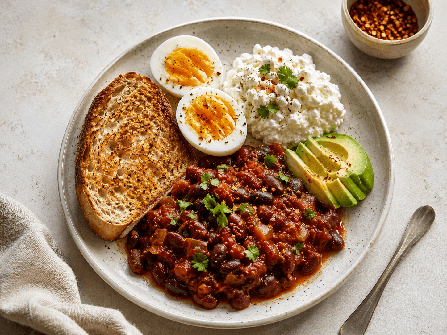 Toast topped with Mexican-style beans, cottage cheese, boiled egg and sliced avocado