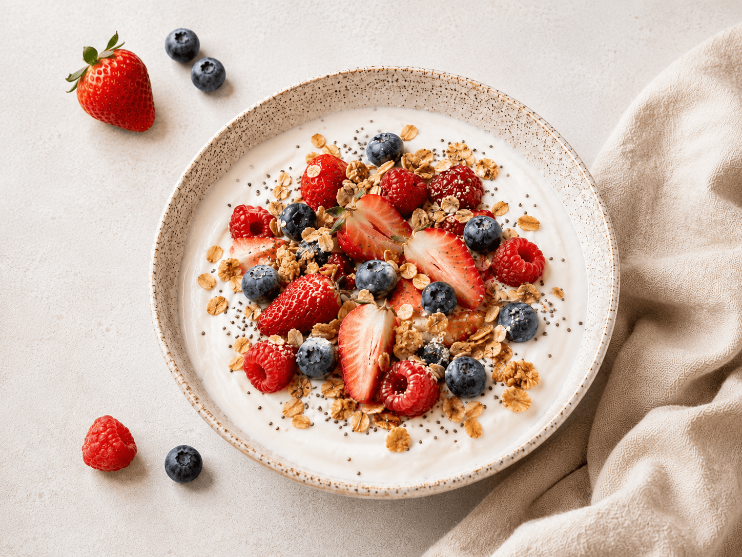 Yoghurt bowl topped with mixed berries, granola and chia seeds
