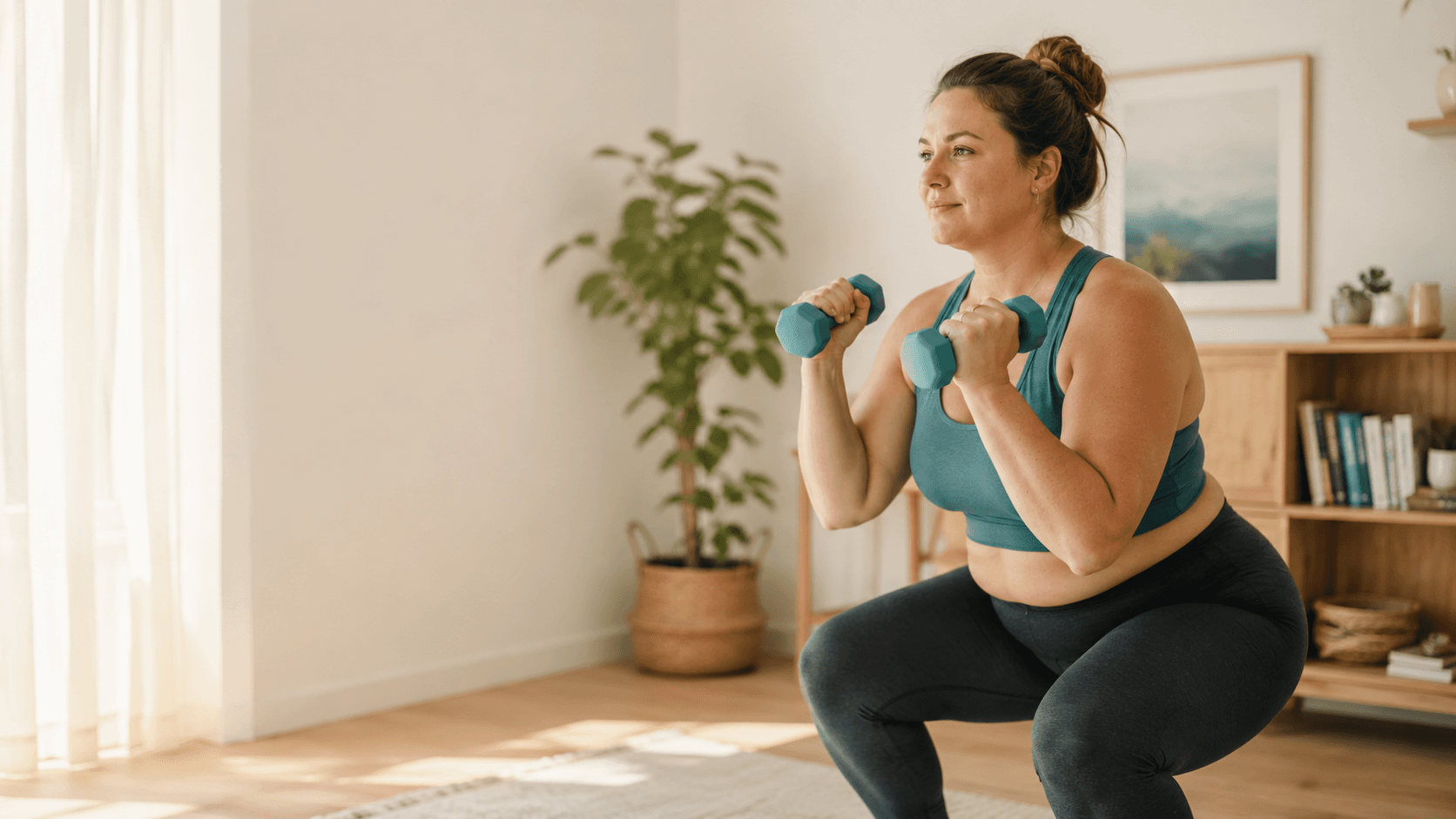 Person doing a dumbbell squat at home in a calm, bright setting