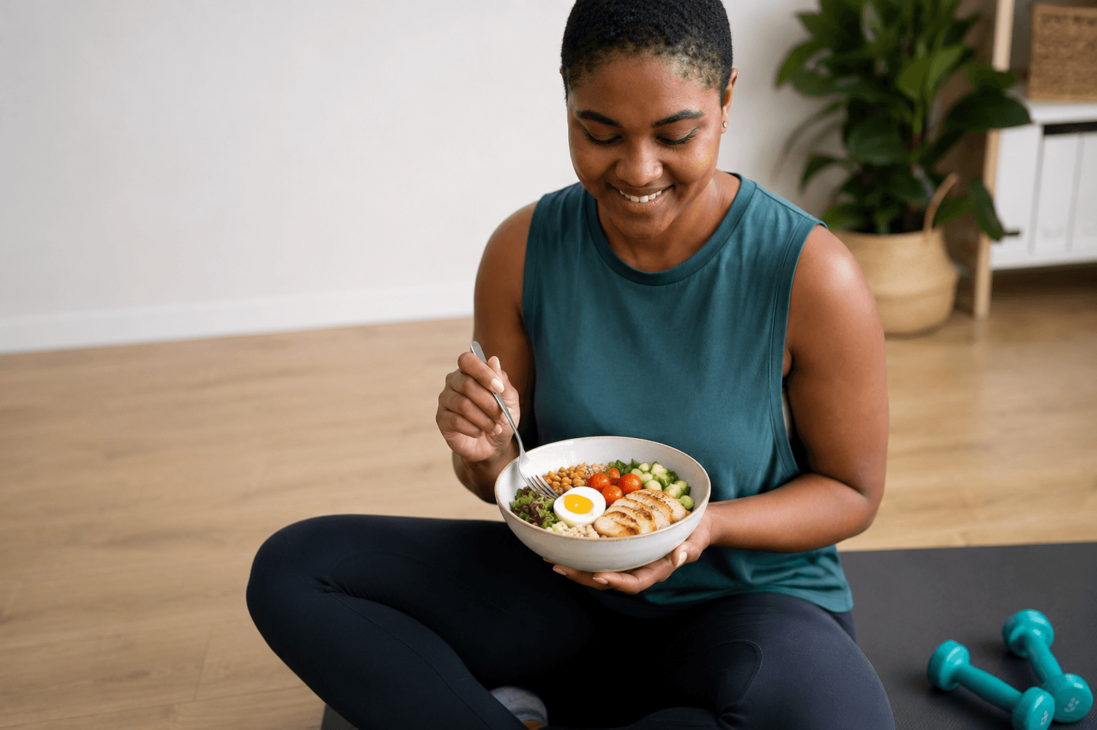 Person on a yoga mat with a healthy meal and dumbbells nearby